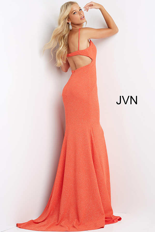 JVN07344 Orange Spaghetti Strap Glitter Plus Size Prom Dress